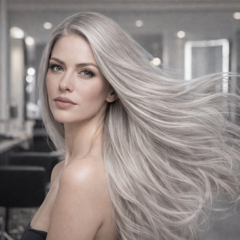 Modelo loira com cabelo liso tipo 1A em movimento, tonalizado com K.Pro Caviar Color 11.01 Soft Fumê, com brilho frio e acabamento uniforme