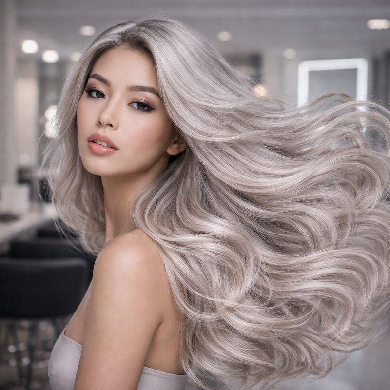 Modelo asiática com cabelo ondulado 2C volumoso na cor Loiro Soft Fumê K.Pro, com neutralização elegante do amarelado