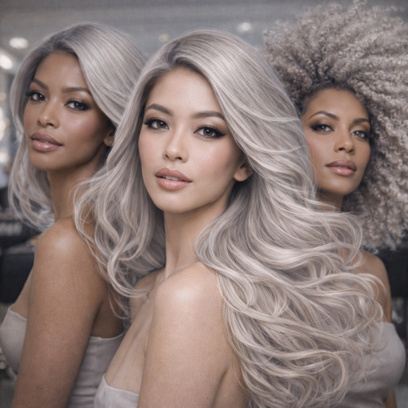 Três modelos com cabelo loiro smoky blonde 11.01 em salão de beleza profissional, com brilho prateado e acabamento sofisticado