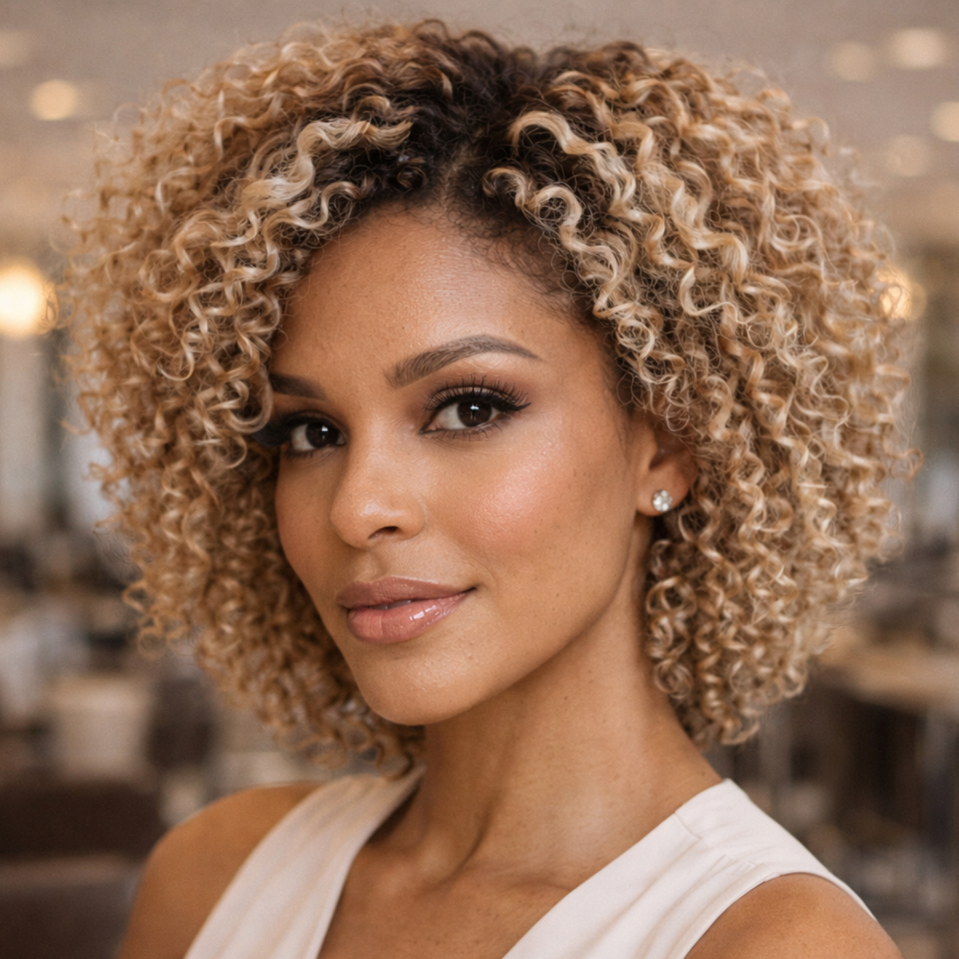  Tonalizante K.PRO 11.89 Loiro Bege em cabelo cacheado 3A, modelo afrodescendente com cachos definidos e iluminados, brilho intenso e reconstrução com caviar