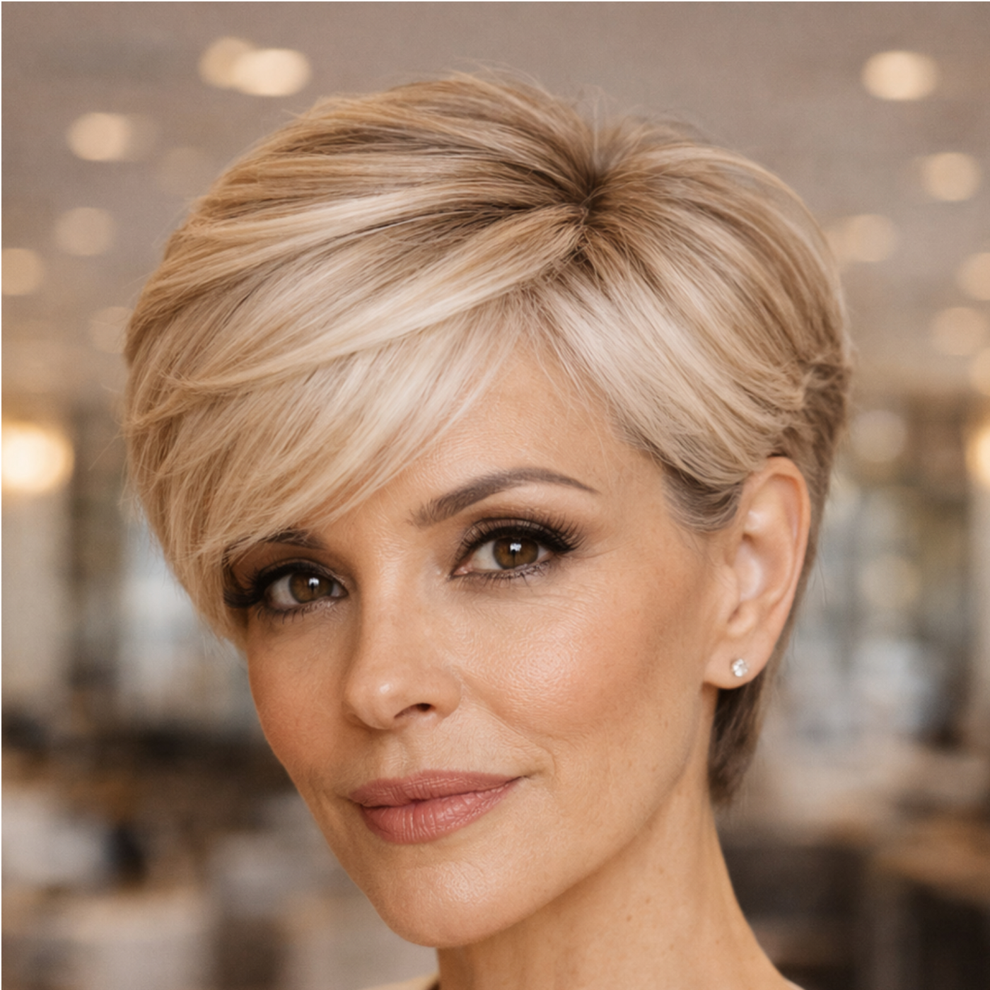 Cabelo curto pixie em loiro bege perolado com K.PRO Caviar Color 11.89, disfarce de fios brancos e brilho intenso em cabelos maduros