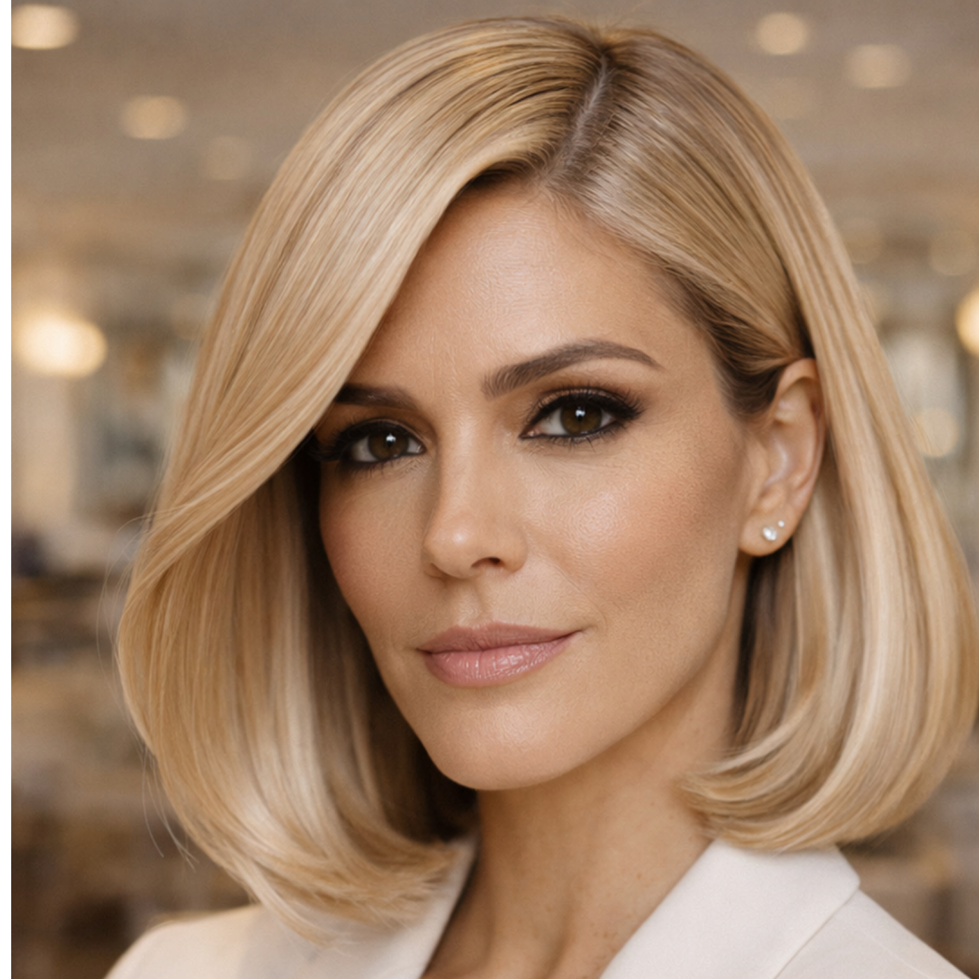 Tonalizante K.PRO Caviar Color 11.89 em cabelo médio estilo Long Bob, tom loiro bege champagne sofisticado com brilho espelhado