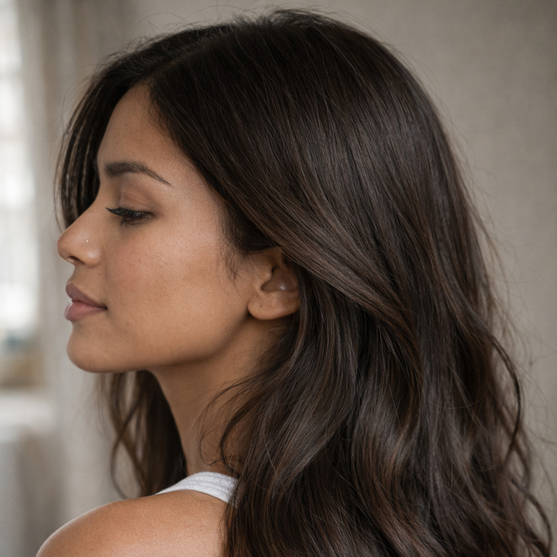 Resultado do Tonalizante K.Pro Caviar Color 4.0 Castanho Médio Natural em cabelo castanho visto de frente com brilho intenso