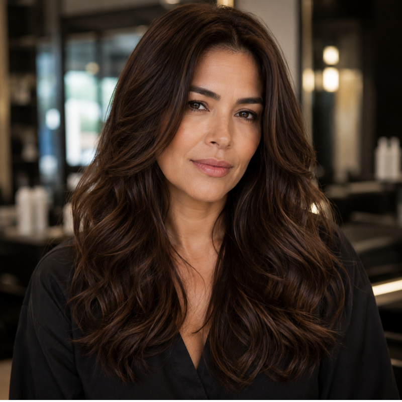Resultado do Tonalizante K.Pro Caviar Color 5.07 Castanho Claro Natural Marrom em cabelo ondulado, com cor rica, reflexo marrom natural e acabamento sofisticado