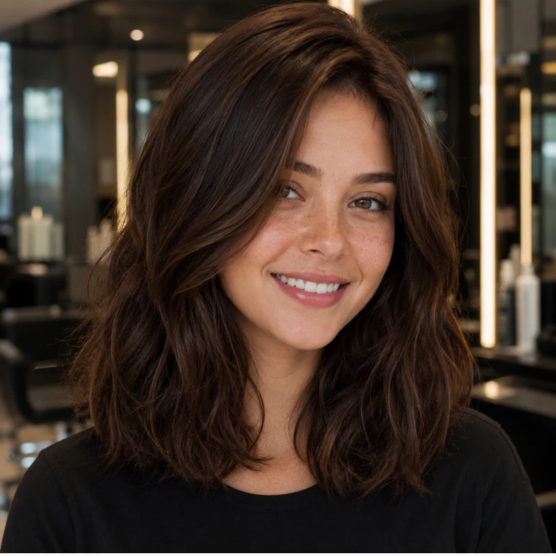 Resultado do Tonalizante K.Pro Caviar Color 5.07 Castanho Claro Natural Marrom em cabelo ondulado curto, com tom marrom elegante e brilho uniforme