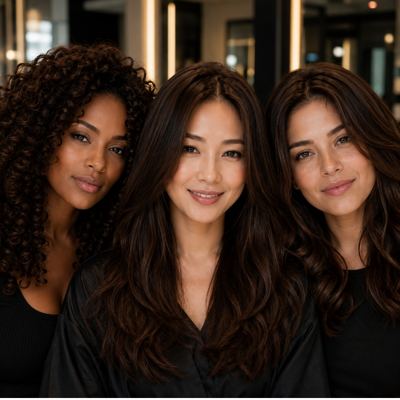 Resultados do Tonalizante K.Pro Caviar Color 5.07 Castanho Claro Natural Marrom em diferentes tipos de cabelo, mostrando cor uniforme, brilho e reflexos marrons sofisticados