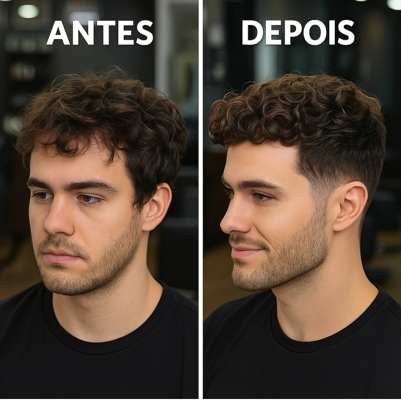 Cabelo masculino antes e depois do Umidificador de Cachos BARROMINAS – definição leve e hidratação visível