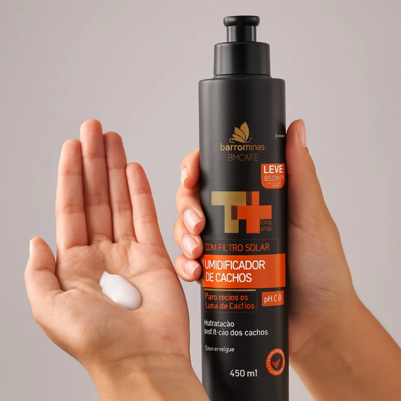 Textura cremosa do Umidificador de Cachos BARROMINAS – hidratação leve sem pesar