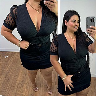 Body Tule Brilho Manga Curta Plus Size - Belíssima 48 - Belissima48