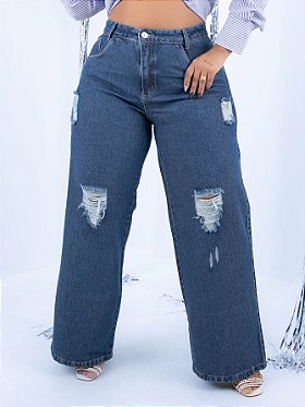 Calça Jeans Plus Size Wide Leg Lisa Barra Desfiada Basica - Useconf