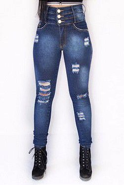 Calca Jeans Feminina Rasg Cintura Alta Com Lycra Hot Pants Azul