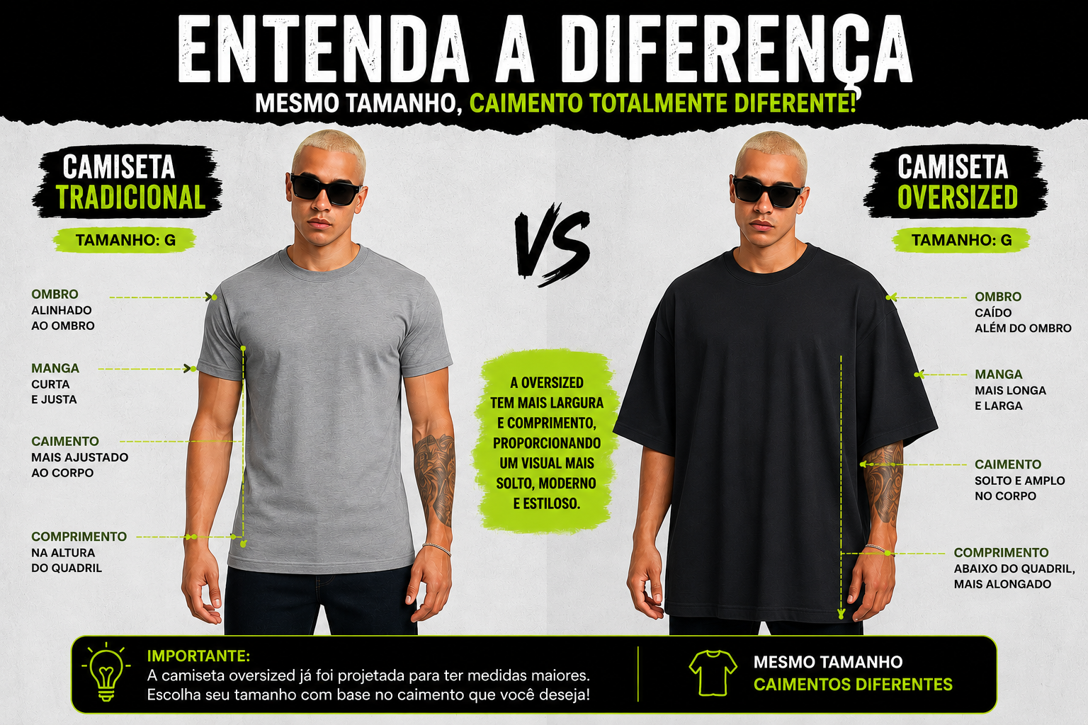 Comparação Camiseta Tradicional e Oversized