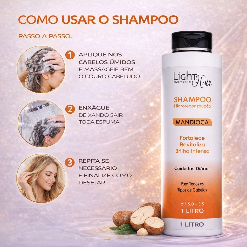 SHAMPOO MANDIOCA HIDRO RECONSTRUÇÃO - 1 LT LIGHT HAIR - Loja Light