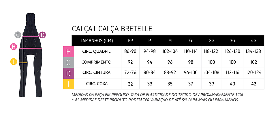Tabela de medidas calça ciclismo ERT