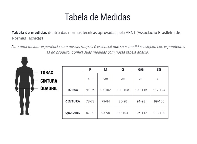 Tabela de medidas masculinas Free Force