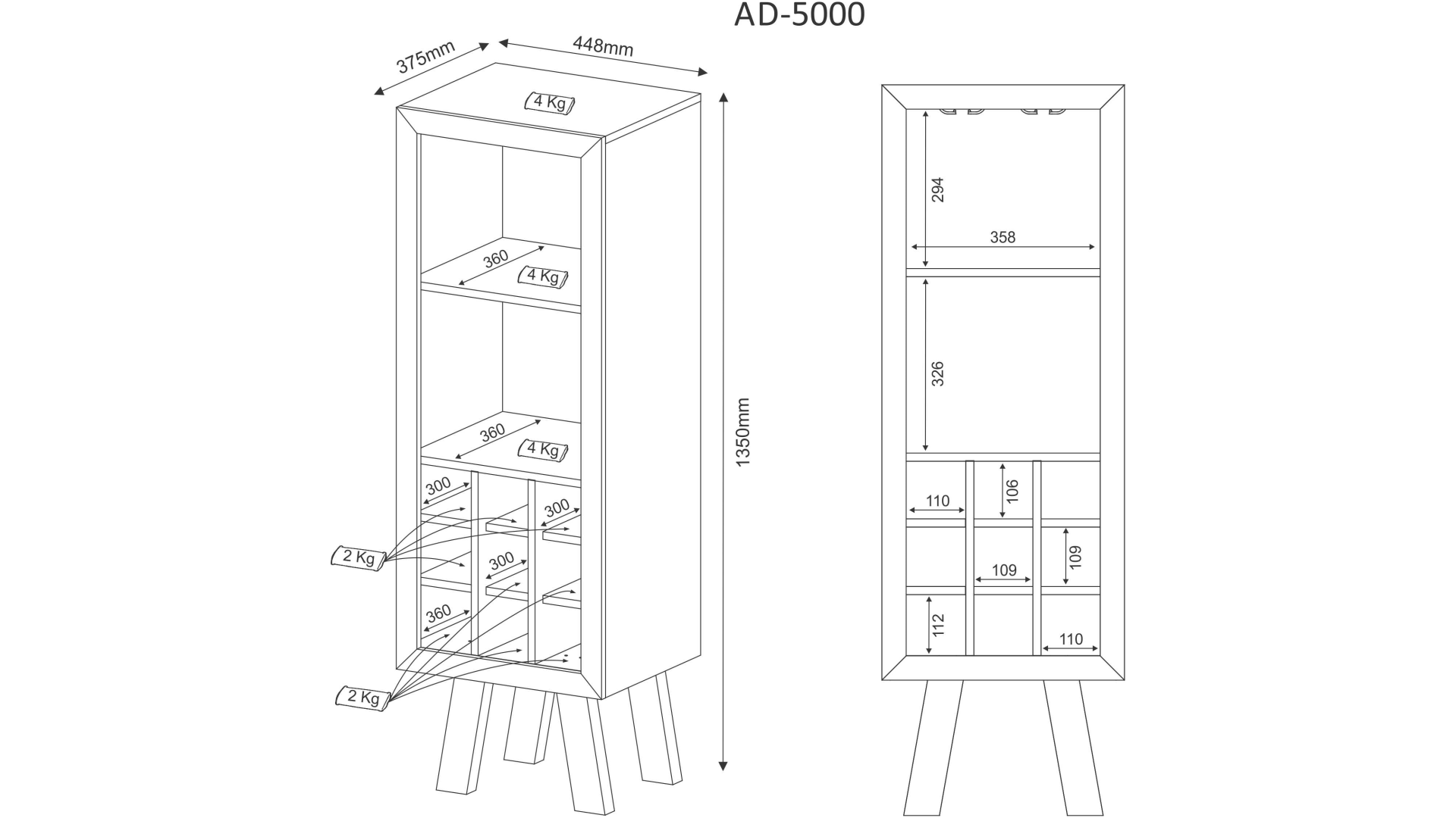 Imagem com as dimensões da adega AD5000. Móvel com entrega e montagem grátis para São José dos Campos e Jacareí.