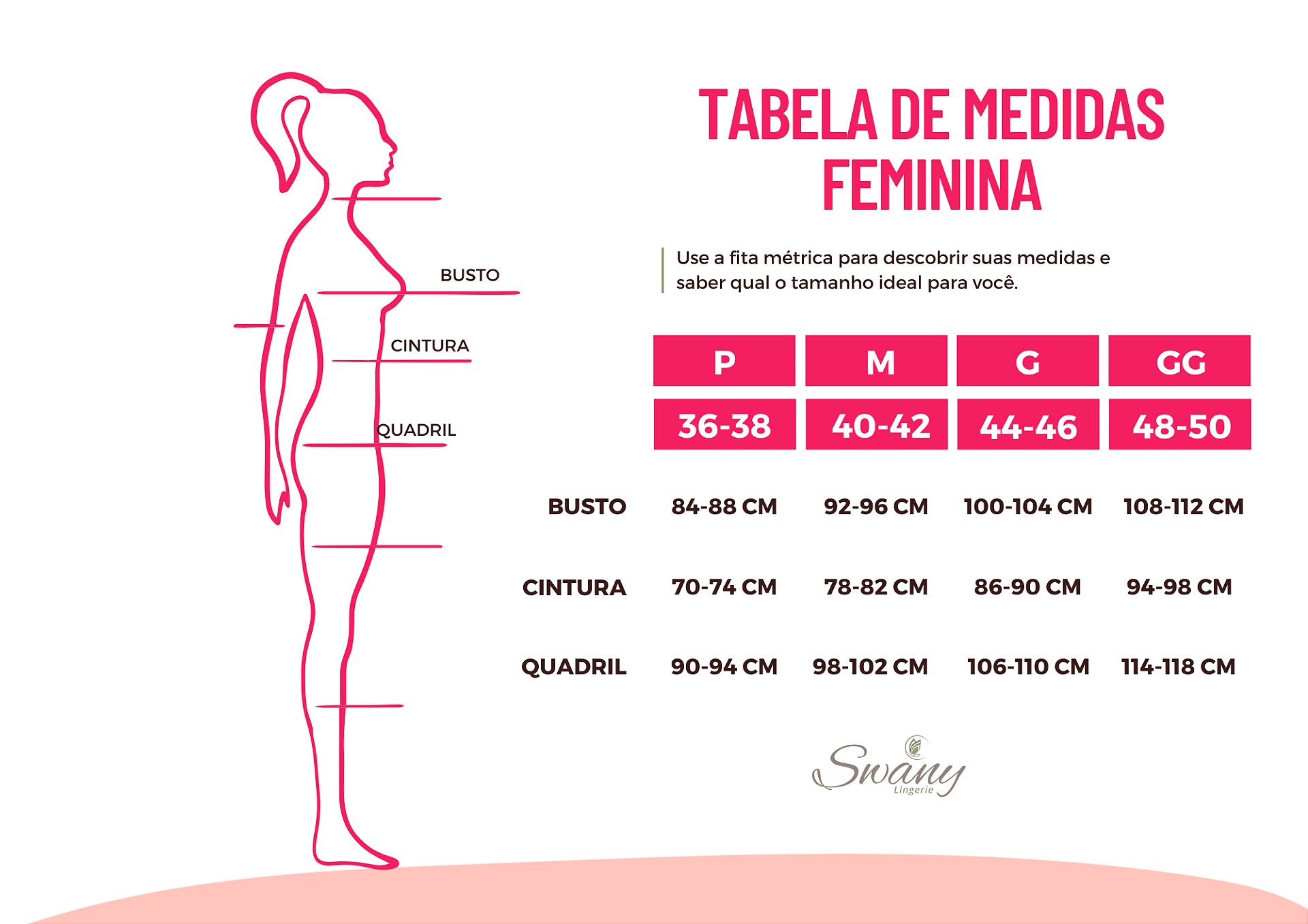 Tabela de medidas feminina de sutiã, calcinha e camisola
