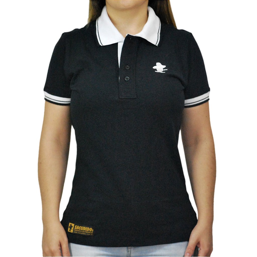 Camiseta Polo Feminina Sacudido's Elastano - Preto e Gola Branca - Sacudidos