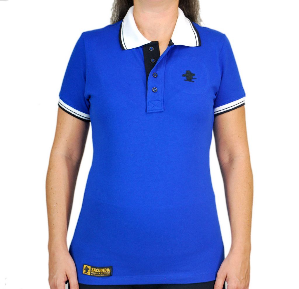 Camiseta Polo Feminina Sacudido's Elastano - Azul e Gola Branca - Sacudidos