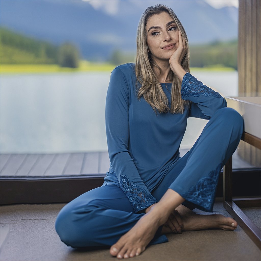 Pijama Cetim Tebbis Meninas - Conjunto 2 Peças Azul Petróleo