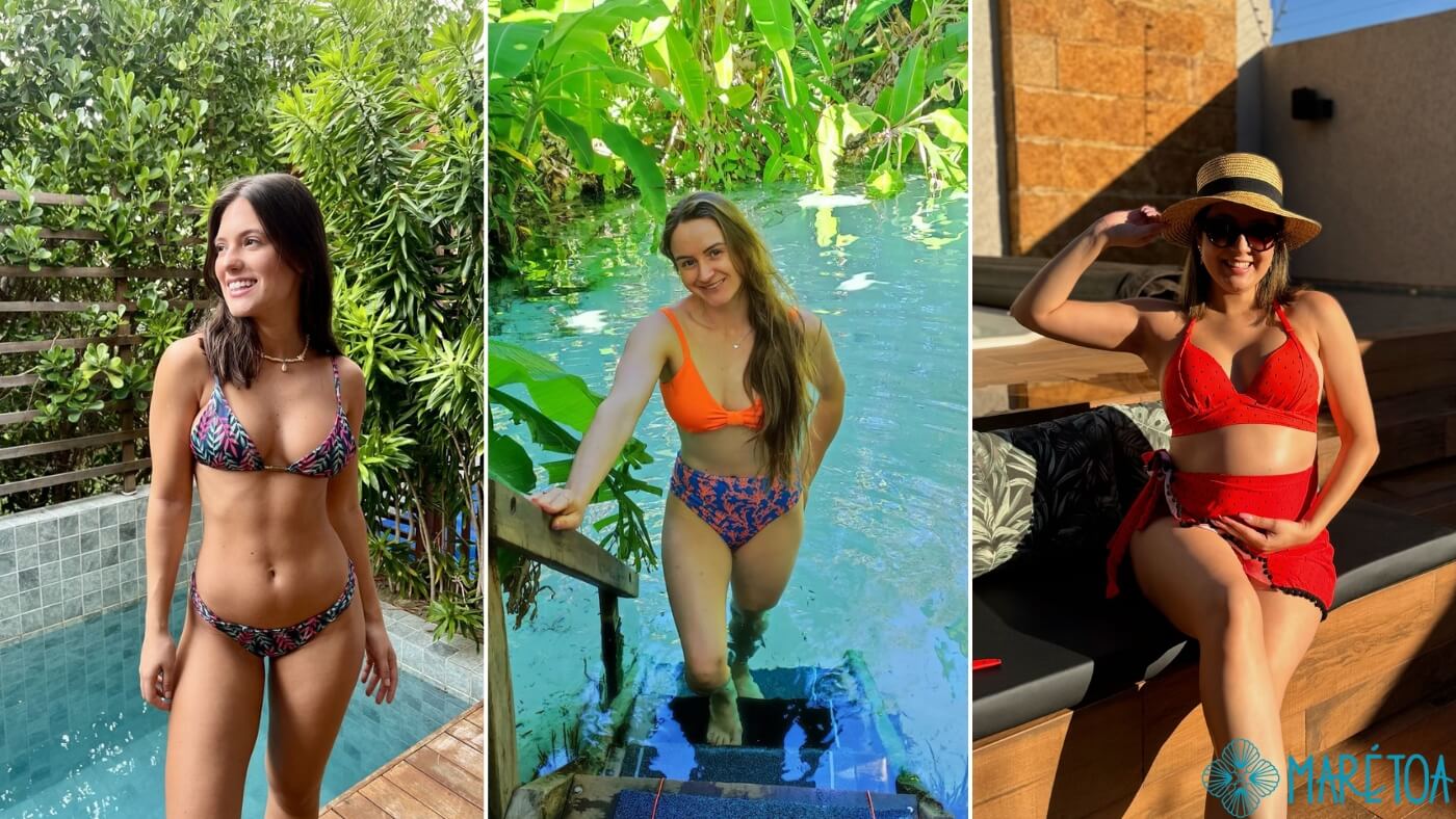 Mulheres lindas com diferentes modelos de corpos e biquínis