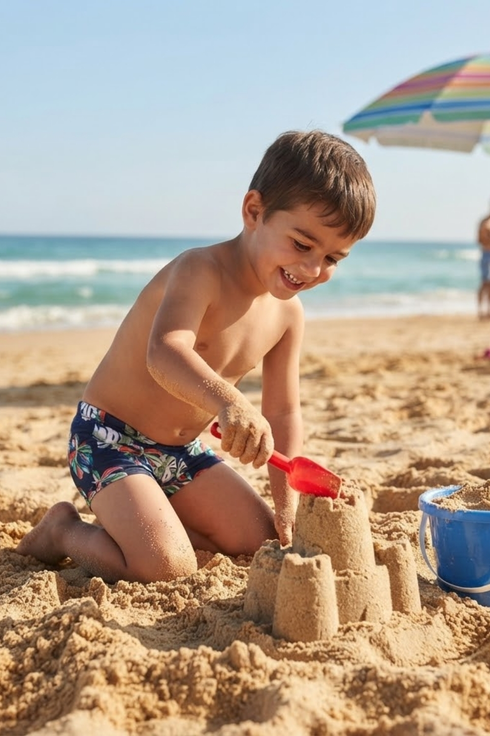 Sunga infantil kids noites de verão Marétoa, tecido azul marinho com folhagens coloridas