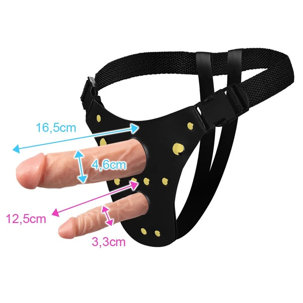 Cinta com Pênis de Borracha Duplo Realística com Vibrador -  16X4,512,5X3,3Cm - cor bege - Tulipa Sex Shop | Loja Sexy Shop