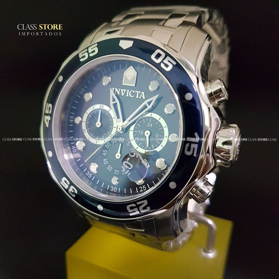 Relógio INVICTA Pro Diver 0070 Original Prata Mostrador Azul Cronógrafo Data - Imagem 3