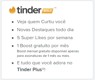 Gift Card Tinder Gold 1 Mês Assinatura