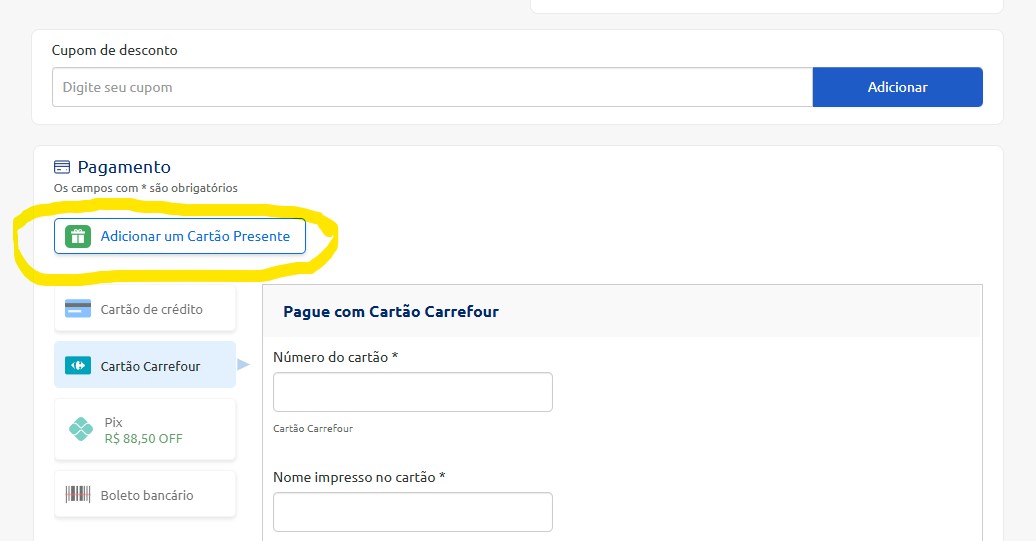 como resgatar o cartão presente carrefour passo 1