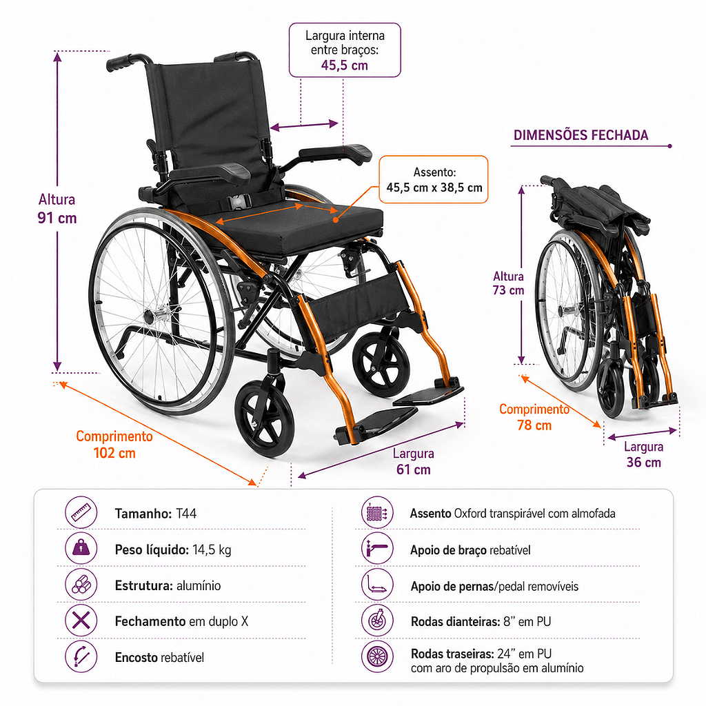 Cadeira de Rodas Manual Dobrável D600 Pop Suporta Até 120 kg