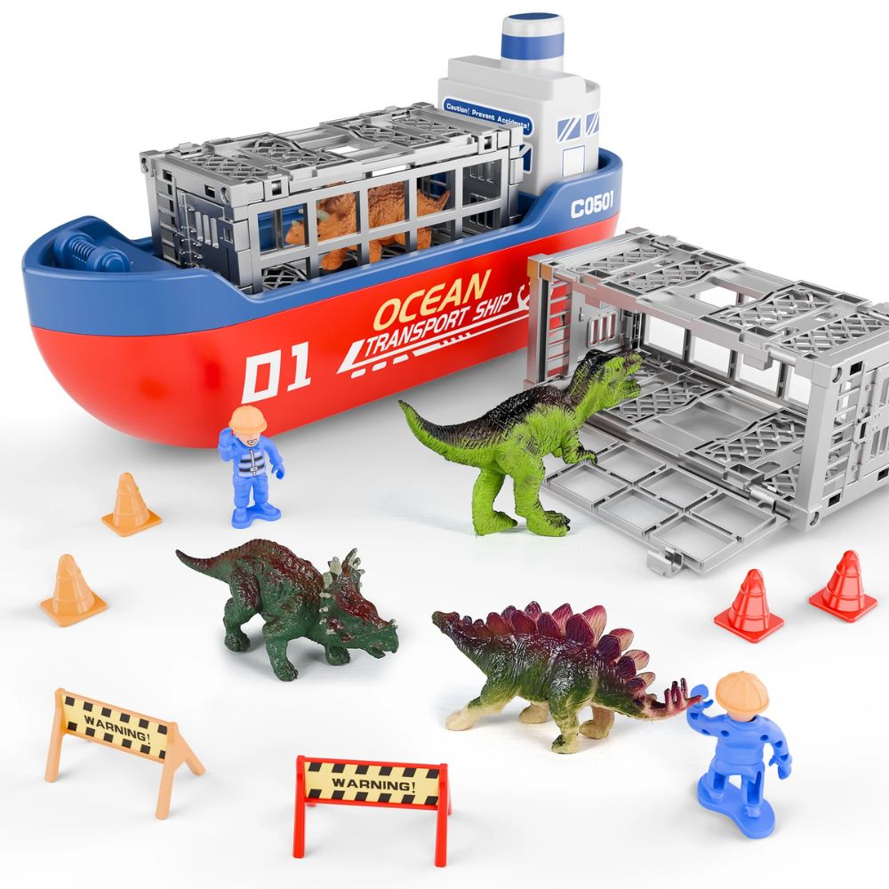 Conjunto Dino com veículos de transporte, navio e figurinhas de dinossauros