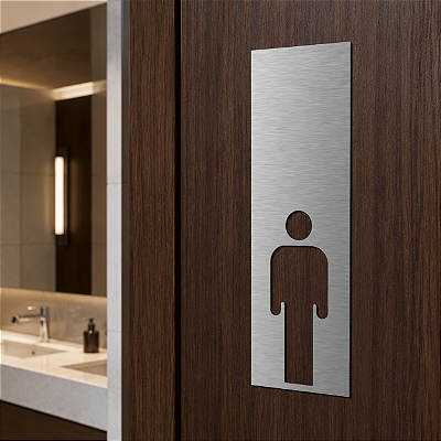 Placa Sinalização Moderna Banheiro Masculino Aço Inox Escovado