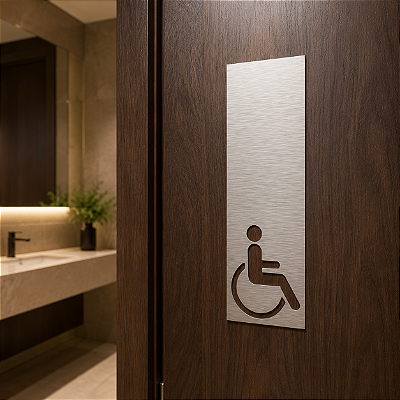 Placa Sinalização Moderna Banheiro Cadeirante Aço Inox Escovado