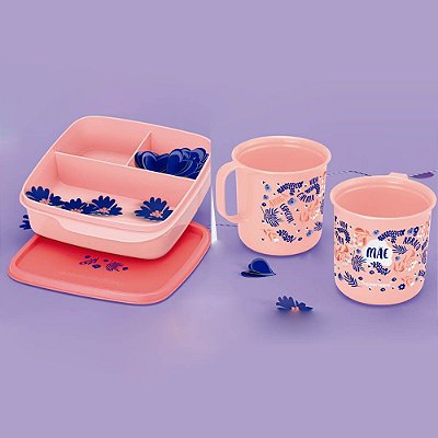 Tupperware Basic Line Divisórias 550ml + Caneca das Mães 350ml Coral