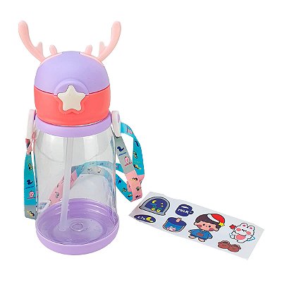 Garrafa Squeeze Alce Infantil com Alça 600ml Lilás + Adesivos