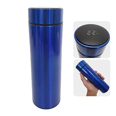 Garrafa Térmica Aço Inox com Termômetro Led 500ml Azul Cromo