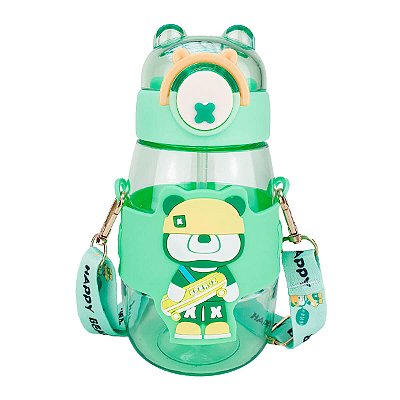 Garrafa Squeeze Infantil com Alça 600ml Urso Verde + Adesivos