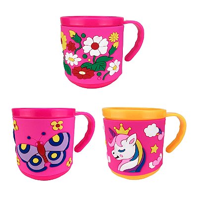 Kit Caneca Infantil Emborrachada Alto Relevo 3D 200ml 3 peças Menina