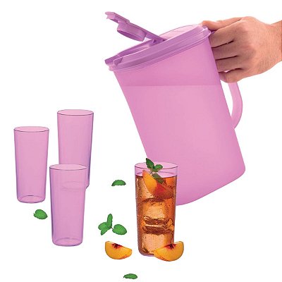 Kit Tupperware Jarra Perfeita 1,8 litro + 4 Copos Clear 400ml Rosa
