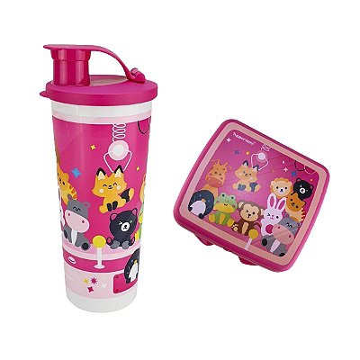 Kit Tupperware Copo com Bico 470ml + Porta Sanduíche Pelúcia Rosa 2 peças