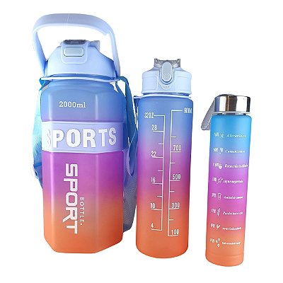 Kit Garrafa de Água Squeeze Sports com Alça Azul Roxo Laranja 3 peças