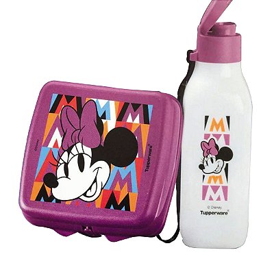 Kit Garrafa Tupperware Quadrada 500ml Squeeze + Porta Sanduíche M de Minnie 2 peças