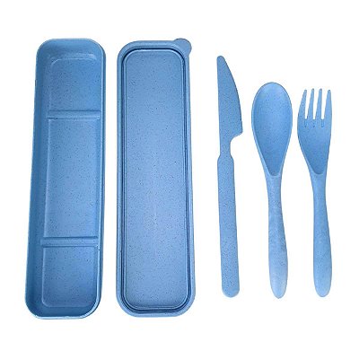 Kit Talheres Reutilizável com Estojo Biodegradável Ecológico 4 peças Azul