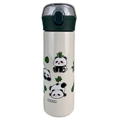 Garrafa Térmica Infantil Inox Panda com Canudo Branca e Verde 500ml