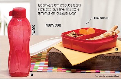 Tupperware Kit Basic Line com divisórias 550 ml + Eco Tupper  Garrafa 500 ml Vermelho