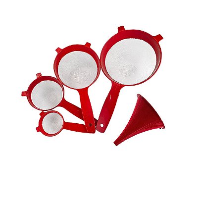 Kit Peneiras de Plástico Funil Vermelho 5 peças Mini Pequena Média e Grande