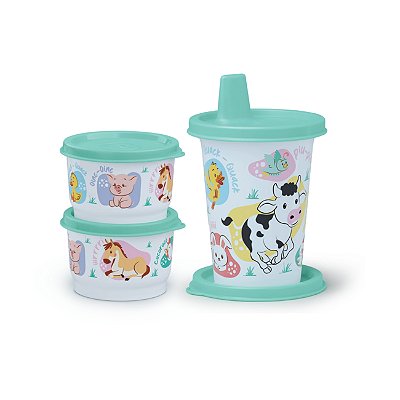 Kit Tupperware Potinho 140ml + Copo com Bico Baby Fazendinha Branco e Verde 3 peças