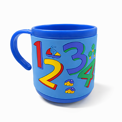 Caneca Infantil Numeros Emborrachada Alto Relevo 3D 200ml Azul