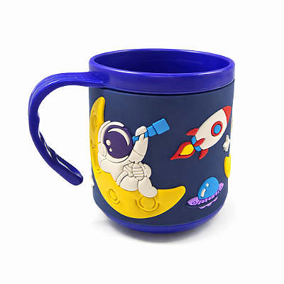 Caneca Infantil Astronauta Emborrachada Alto Relevo 3D 200ml Azul